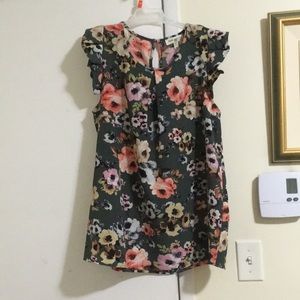 Faith and Joy Green Floral Top Flutter Sleeves